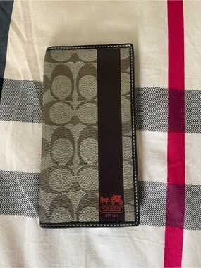 Coach Tall Signature Wallet in Khaki and Brown with Red Logo